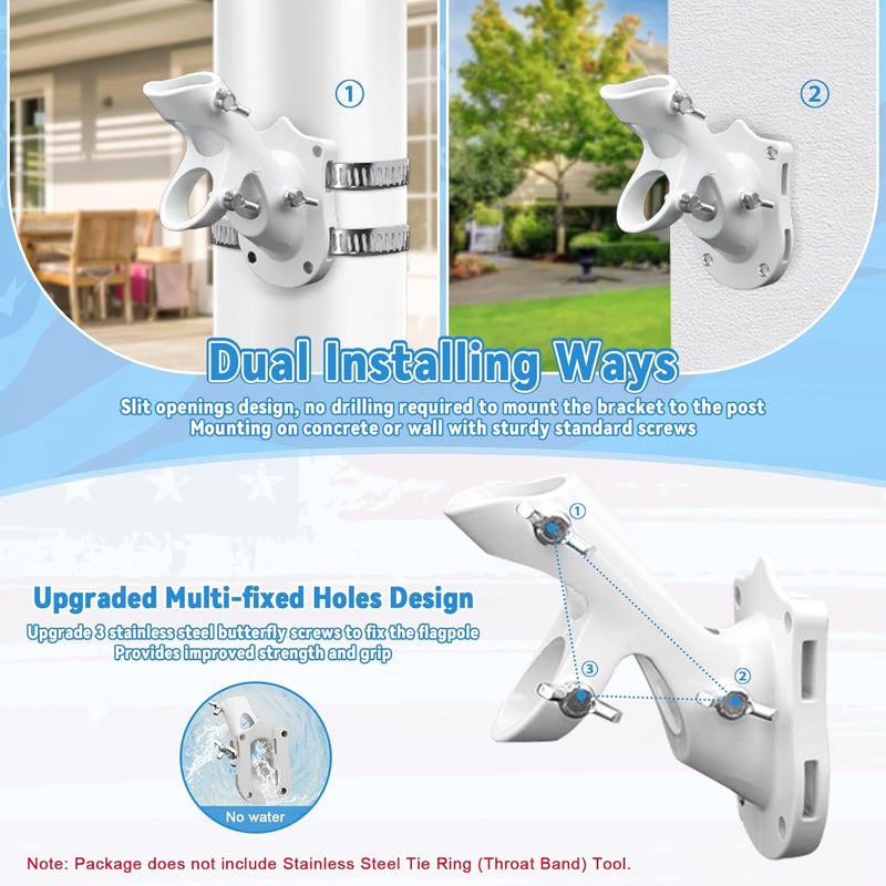 REERON Flag Pole Brackets for House, 2-Positions Metal 1" Flagpole Holder Mounts, Aluminium Rustproof Outside Flag Pole Wall Porch Mounting Bracket with 3 Fixed Holes & Steel Hardwares (White-2 Pack) - Image 5